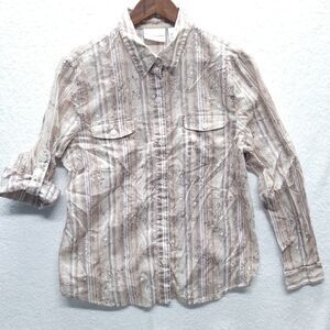 Alfred Dunner Blouse Womens 14 Button-Up Striped Floral Embroidered Western Boho